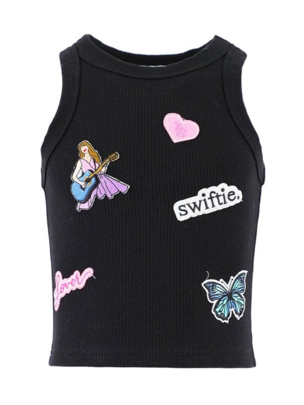 Lola + The Boys Black Ribbed Tank with Colorful Patch Accents Taylor swift